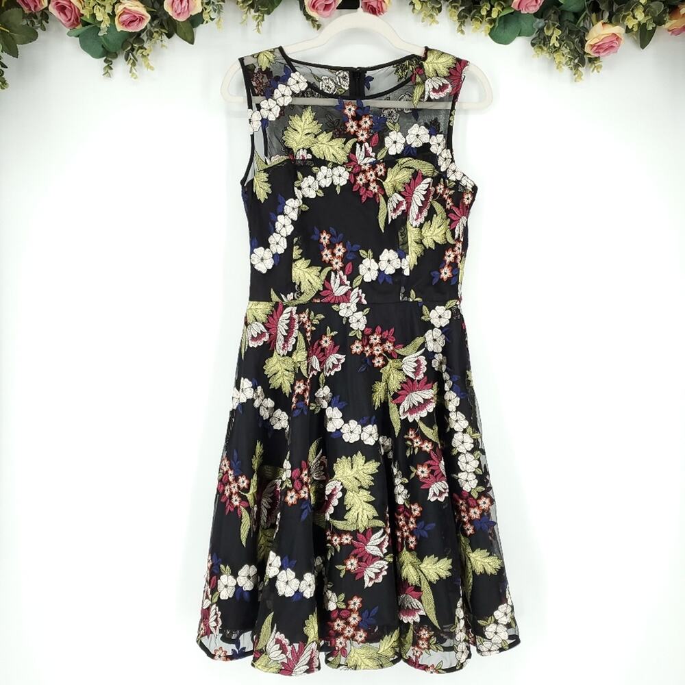 Tahari Arthur Levine Floral Embroidered  Fit and Flare Sleeveless Dress Size 6